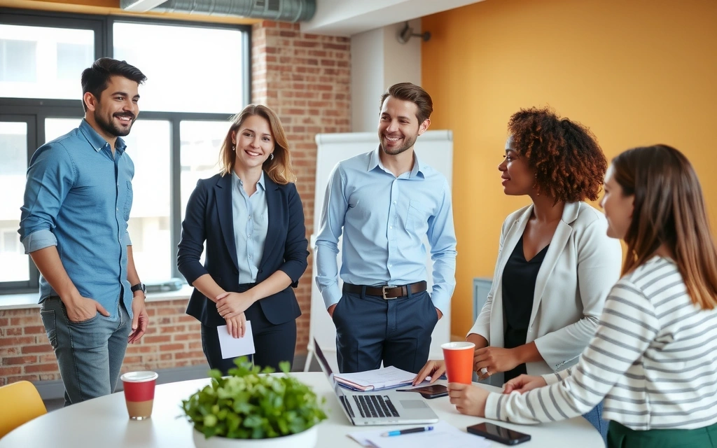 A diverse team of professionals collaborating and smiling in a bright, modern office, showcasing teamwork and positive work environment.