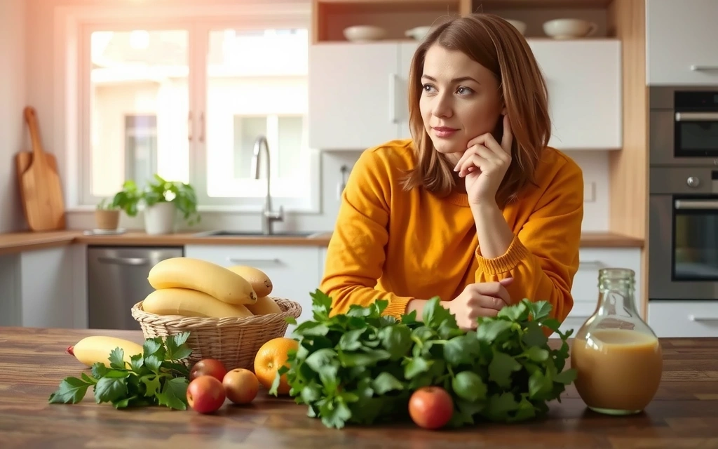 A person thoughtfully examining natural ingredients in a bright, modern kitchen setting, with fresh herbs and fruits on a wooden table.