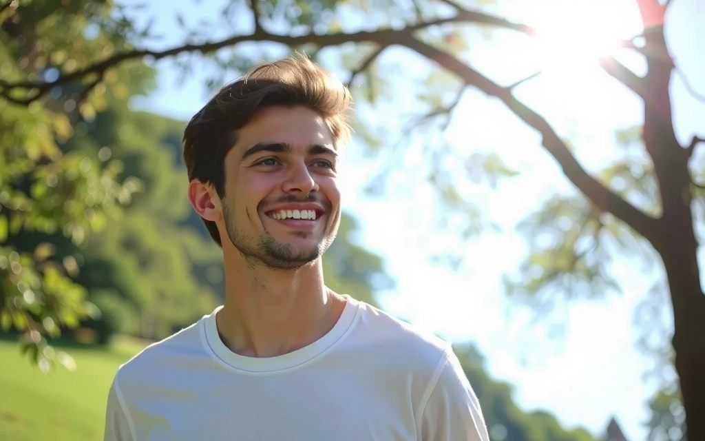 A person glowing with health and happiness, enjoying a serene natural environment, symbolizing wellness achieved through natural products.