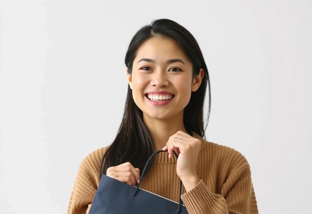 A smiling person holding a shopping bag, celebrating a successful purchase.