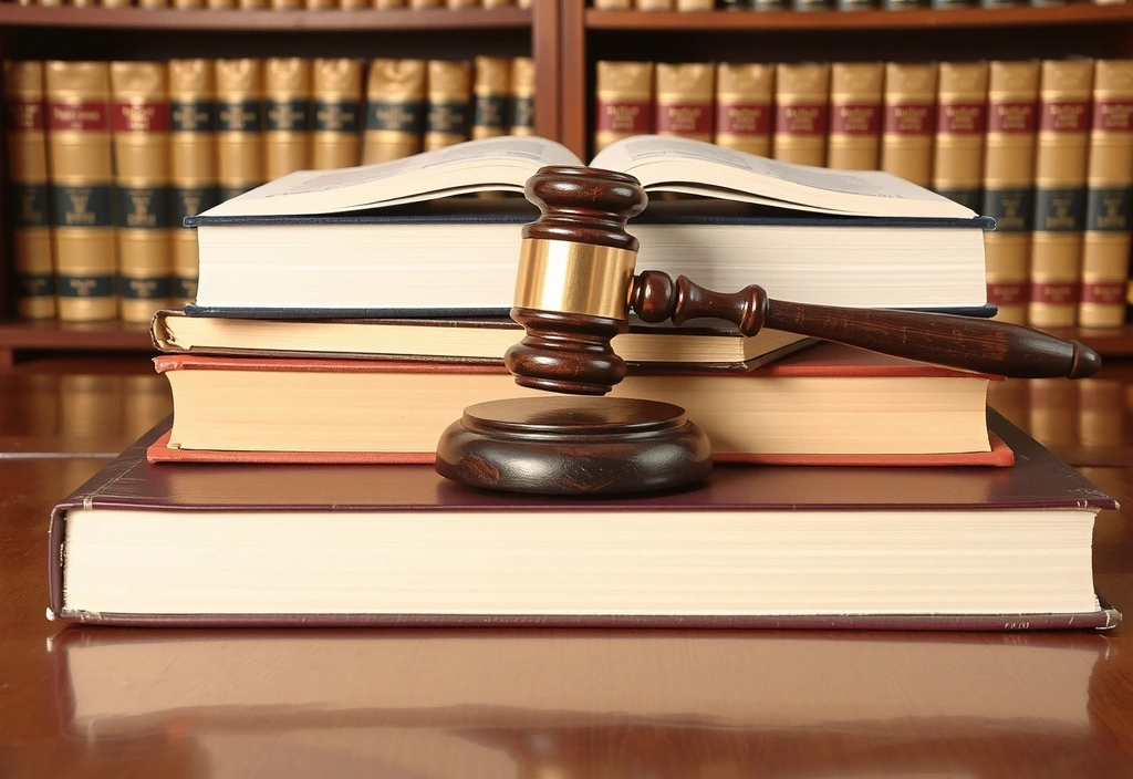 A gavel and law books on a wooden desk, symbolizing legal authority